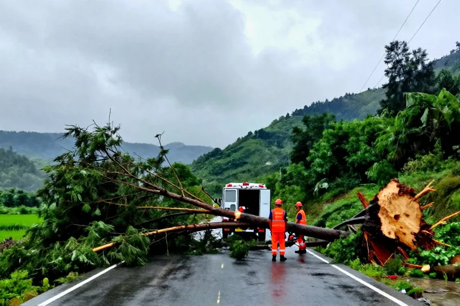 乐清风雨中车辆受困树木倒塌 救援人员紧急排障保平安