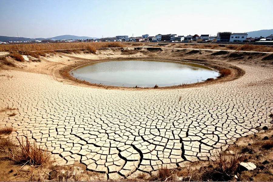韩国热浪引发庆尚南道水塘干涸龟裂