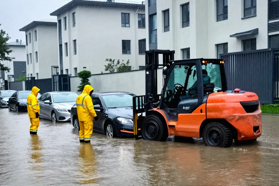 北京朝阳遭遇台风外围降雨 积水致车辆被困叉车紧急施救