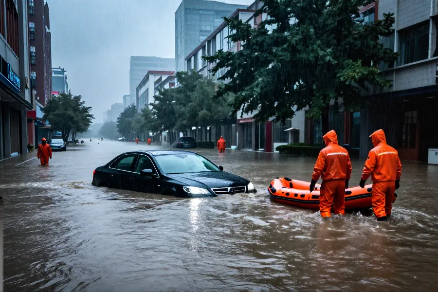台风暴雨致玉环内涝 多部门皮划艇接力护送临产孕妇就医